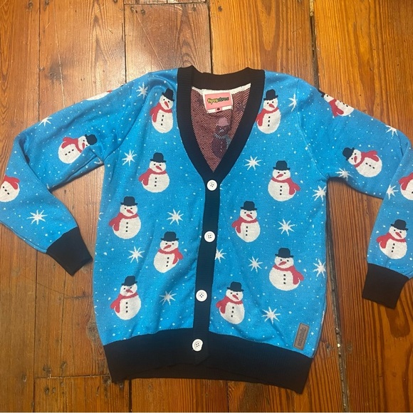 Tipsy Elves WOMEN'S SNAZZY SNOWMAN CARDIGAN SWEATER Size L Light Blue Holiday - Picture 9 of 12